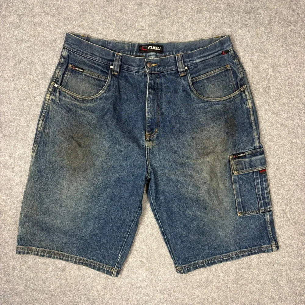 Vintage FUBU The Collection Carpenter Denim Shorts Men 42 Baggy Blue 90s Hip Hop